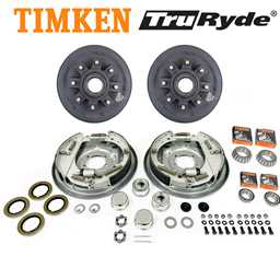 Pair of 12"  9/16" hub/drum 8 studs 6.5" bolt circle using Timken L25580 inner and Timken 14125A outer bearing. Contains inner bearings, outer bearings, grease seals, grease caps, ultra lube grease caps, spindle washers, spindle nuts, cotter pins, tang washers, and lug nuts. (42 Spindle)  Pair of 12" x 2" hydraulic trailer brake assemblies with parts. 5 Hole Mounting. For Alko, Dexter, Quality, or other popular trailer axle manufacturers. Only works on 7,000 lbs trailer axles with five hole brake flange. Includes mounting hardware. These are fully assembled backing plates with shoes, springs, and cylinders attached and ready to be mounted. The pair includes one left hand and one right hand brake assembly.