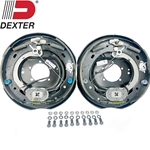 Pair of 12" x 2" Dexter Nev-R-Adjust electric brake assemblies with parts. 5 Hole Mounting.  Works with Al-Ko, Dexter, Lippert and Rockwall Trailer Axles.  Works on 5,200 lbs. or 7,000 lbs. trailer axles with a five-hole brake flange.  Includes mounting hardware.  These are fully assembled backing plates with shoes, springs, and magnets attached and ready to be mounted.  The pair includes one left hand and one right hand brake assembly.