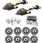 Two Dexter® 12,000 lbs. electric brake trailer axles with a 74" track and 46" spring centers, hangers, equalizers, u-bolts, hangers, and springs with eight 21575R17.5 dual wheels and tires.