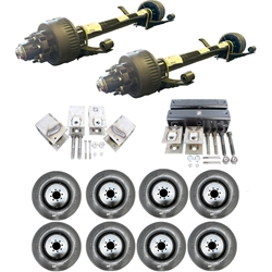 Two Dexter® 12,000 lbs. electric brake trailer axles with a 74" track and 46" spring centers, hangers, equalizers, u-bolts, hangers, and springs with eight 21575R17.5 dual wheels and tires.
